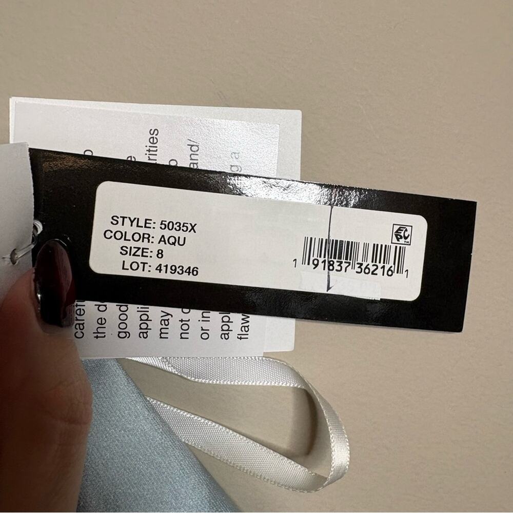 NWT Xscape Satin Handkerchief Hem Midi Gown in Aqua Size 8 - Picture 7 of 9